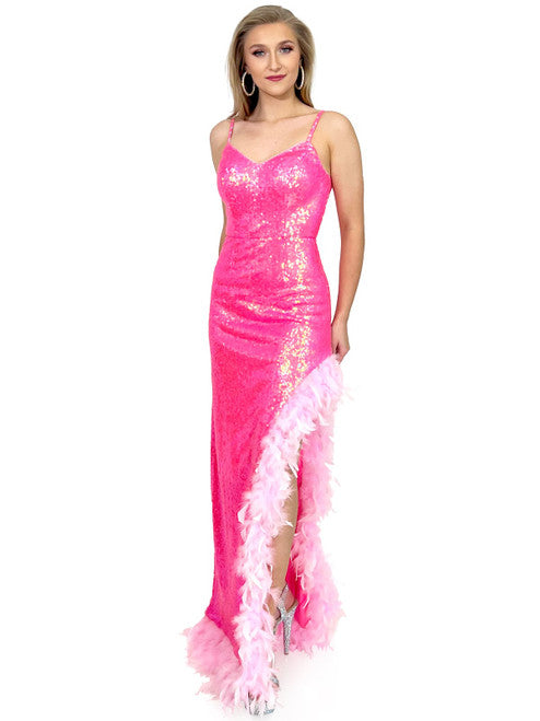 This Marc Defang 8221 dress is perfect for prom, pageants, and other special occasions. Crafted from soft, sequin fabric and finished with an elegant feather trim, it is both stylish and comfortable. The high-cut slit design and fitted silhouette make it a must-have for special events. contact us for additional colors  Sizes: 00-16  Colors: Neon Pink, White AB