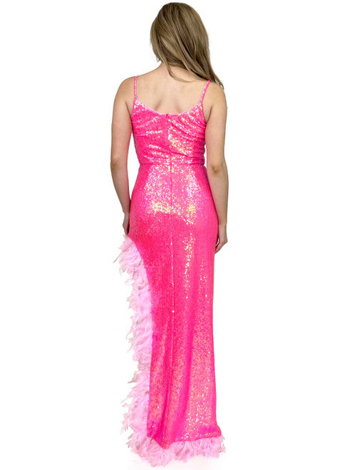 This Marc Defang 8221 dress is perfect for prom, pageants, and other special occasions. Crafted from soft, sequin fabric and finished with an elegant feather trim, it is both stylish and comfortable. The high-cut slit design and fitted silhouette make it a must-have for special events. contact us for additional colors  Sizes: 00-16  Colors: Neon Pink, White AB