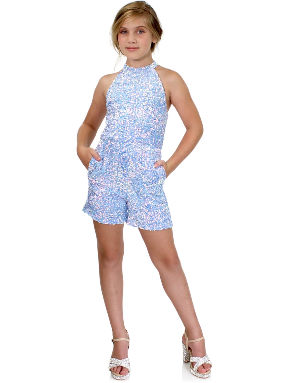 Marc Defang 5033 Short Girls sequin Pageant Romper high neck fun fashion  Sparkle Iridescent colors  Fully beaded Halter Neck Back Straps  Side Pockets Knitted inner comfort lining Available Sizes: 4-14  Available Colors: Cinderella Blue, White Pageant fun fashions kids girls