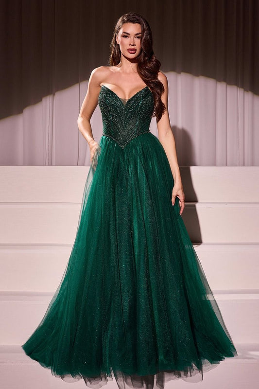 Elevate your prom look with the Ladivine CC415 V Neck Corset Prom Dress. This stunning gown features a beaded bodice and shimmering A Line skirt for a touch of glamour. The sheer neckline and corset back add a hint of sexy to this classic ballgown. Perfect for a formal occasion. Step into the spotlight in this enchanting A-line dress, featuring a pointed strapless neckline and exquisite beaded details that catch the light beautifully. The fitted bodice with a princess waistline accentuates your figure, whil