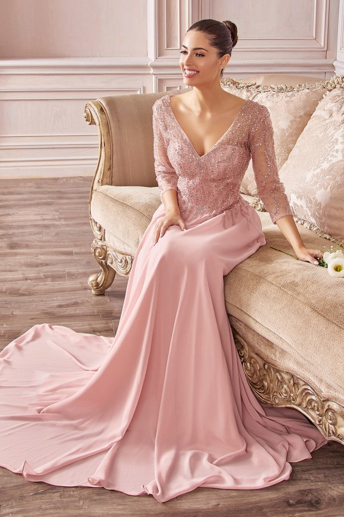 Ladivine CD0171 Long Chiffon A Line Mother Of Bride Evening Dress Sheer Sleeve Beaded V Neck Gown