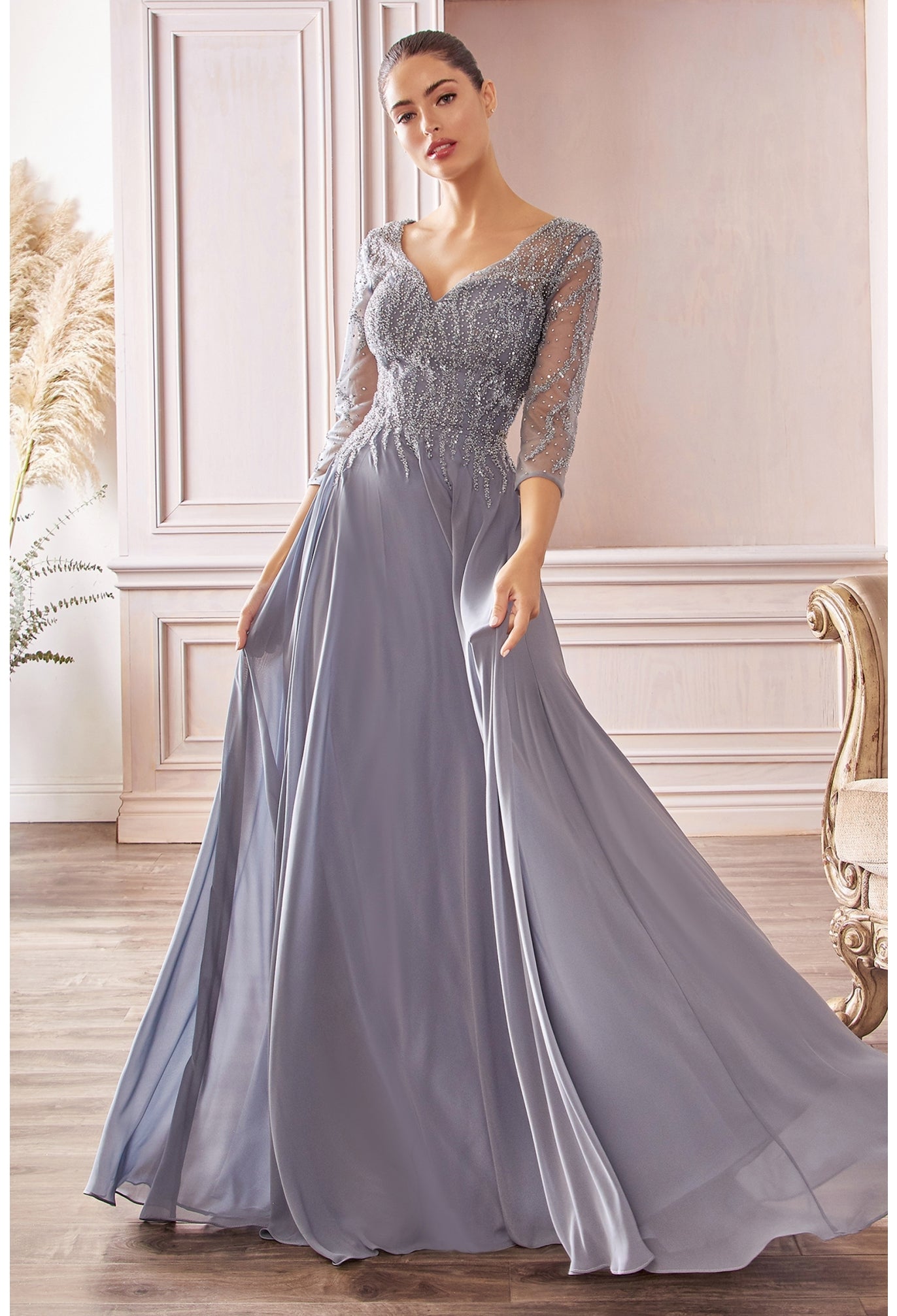 CD 0171 Long Chiffon A Line Mother Of Evening Dress Sheer Long Sleeve Beaded V Neck Gown thee quarter sheer embellished sleeves  Size: 16  Color: Smoky Blue