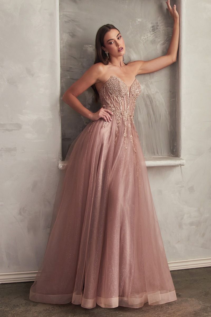 Ladivine CD0230 Size 2,6 SAGE  Beaded Sheer Corset A Line Maxi Slit Prom Dress Shimmer Ballgown Formal