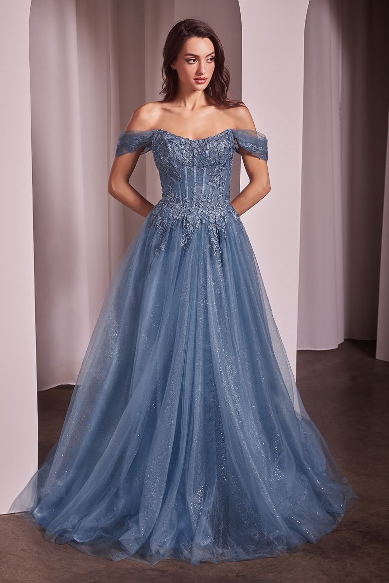 Discover elegance and grace in the Ladivine CD799 Tulle A Line Shimmer Dress. Featuring an off the shoulder ballgown design and delicate lace bodice, this formal dress exudes sophistication. The tulle fabric adds a shimmering effect, perfect for making a statement at any event. Embrace timeless beauty with this off-the-shoulder A-line dress featuring a graceful scoop neckline and romantic lace floral appliqués. The layered tulle skirt, flocked with glitter, creates an ethereal silhouette that shimmers with 