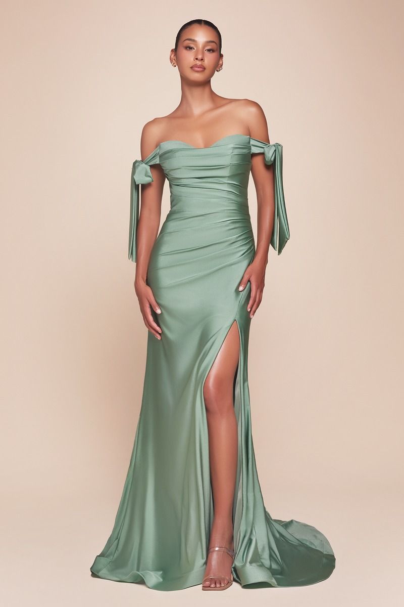 Ladivine-CD943_dark_sage_evening-bridesmaids-dress-off-the-shoulder-tie-straps-fitted-ruched_mermaid_sli