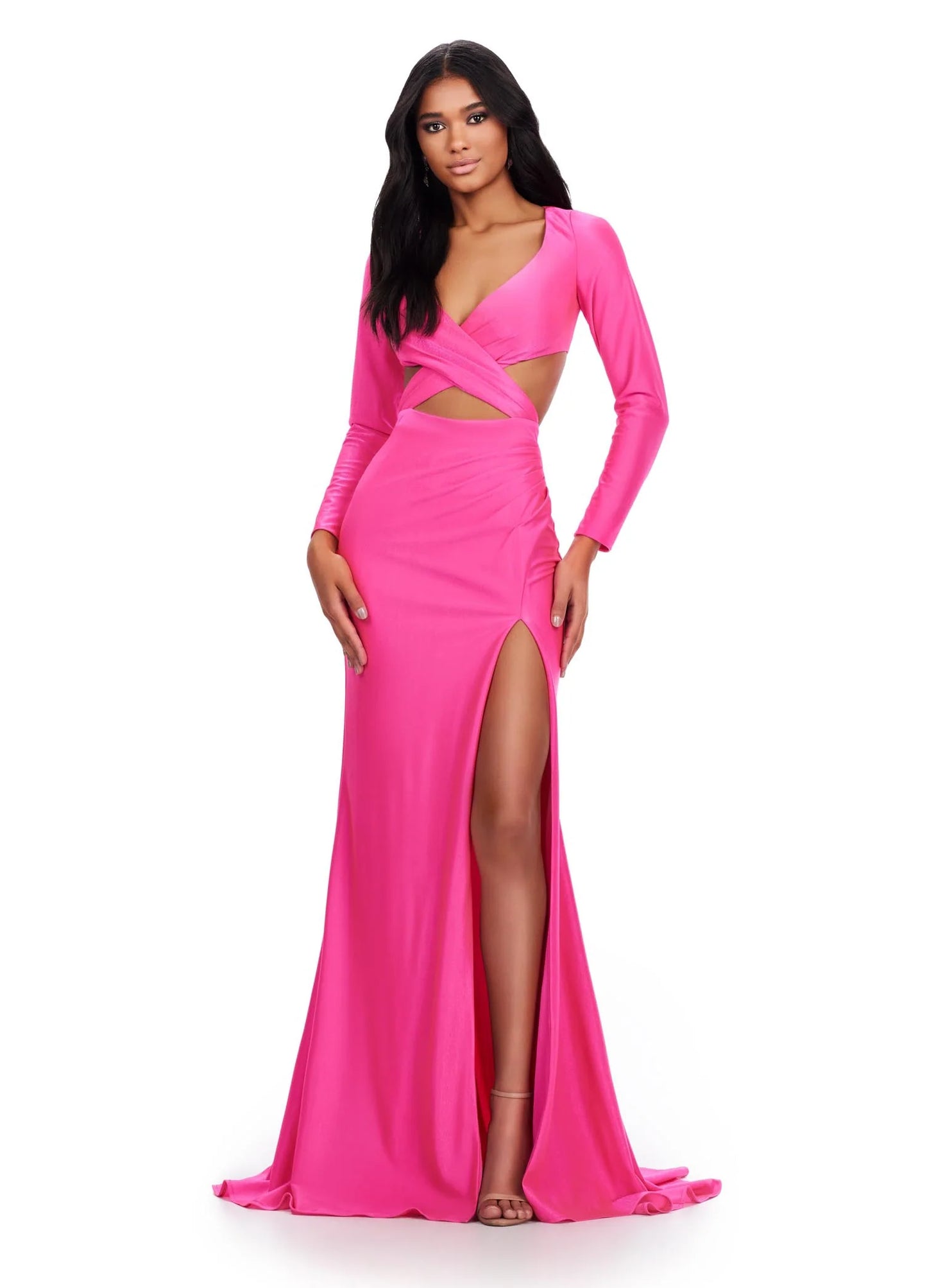 Look fabulous on prom night in the Ashley Lauren 11607 Jersey Cutout Dress. Cut from stretch jersey, this formal gown features a fitted skirt with a high side slit, long sleeves, and a scoop neckline with cutout detail. Make an unforgettable entrance in this figure-flattering style. Be unique in this v-neckline gown with crisscross cut out bodice. The look is accented with a fitted draped skirt and long sleeves.  COLORS: Yellow, Turquoise, Hot Pink, Coral