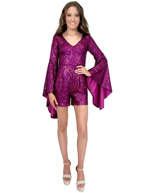 This Marc Defang 8219 Sequin Long Bell Sleeve Pageant Romper is designed with an eye-catching sequin pattern, long bell sleeves and a modern fit. It's the perfect choice for formal events, offering show-stopping style and comfort. contact us for additional colors  Sizes: 00-16  Colors: Lilac, Eggplant, Purple, Blue