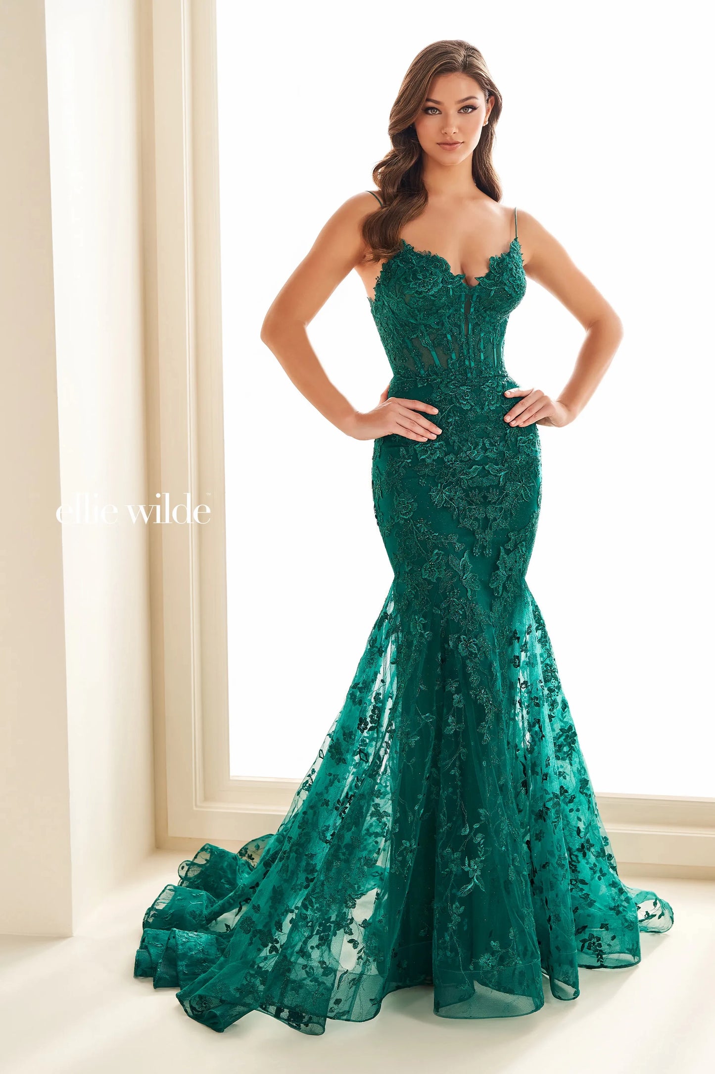 Expertly designed by Ellie Wilde, the EW36009 Long Sheer Lace Corset Prom Dress is the ultimate choice for any formal occasion. Featuring a stunning mermaid silhouette and delicate lace detailing, this gown is sure to turn heads. The corset bodice offers a flattering fit, making you feel confident and beautiful all night long. Perfect for prom, pageants, or any special event, this dress is a must-have for any fashion-forward individual.