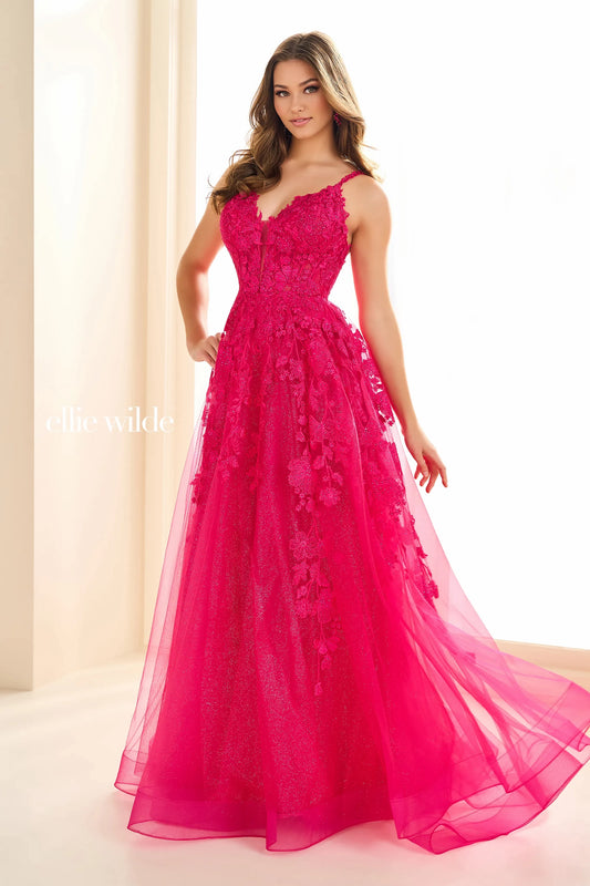 Be the star of the prom in the exquisite Ellie Wilde EW36015 Long Prom Dress. This stunning A-line gown features sheer lace and shimmering details, perfect for any formal occasion. With its beautiful design and comfortable fit, you'll feel confident and elegant all night long. Embrace your inner beauty and shine in this gorgeous ballgown.