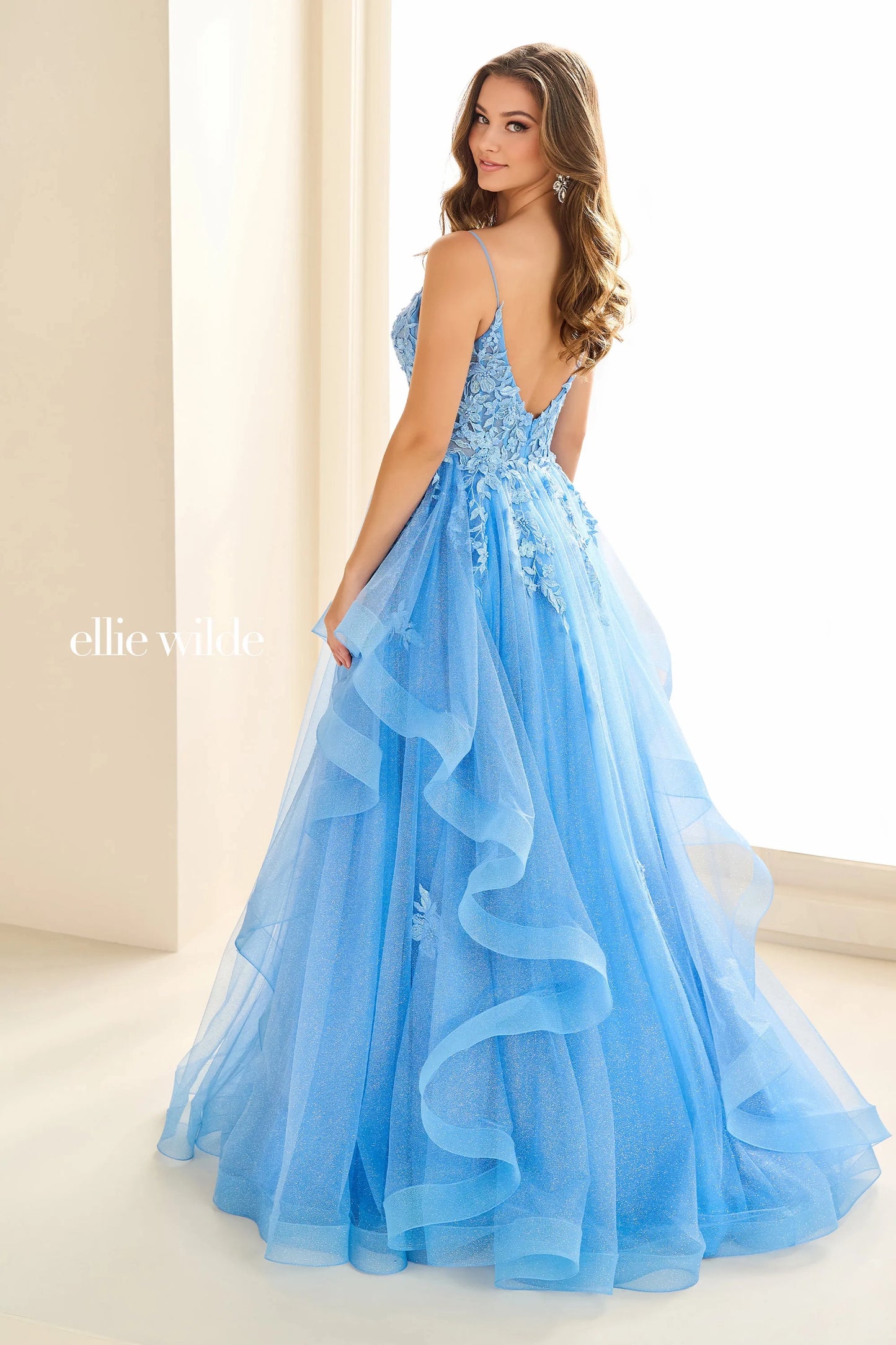 Ellie Wilde EW36085 Sheer Lace Shimmer Prom Dress A Line Ballgown Ruffle Formal Pageant