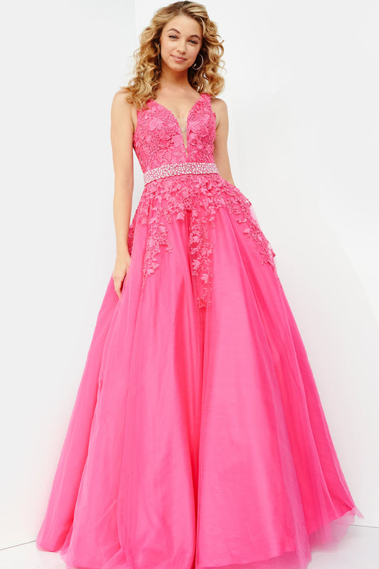 Jovani JVN68258 Size 0, 14 Hot Pink Long A Line Lace Prom Ballgown Dress Formal Plunging Neckline