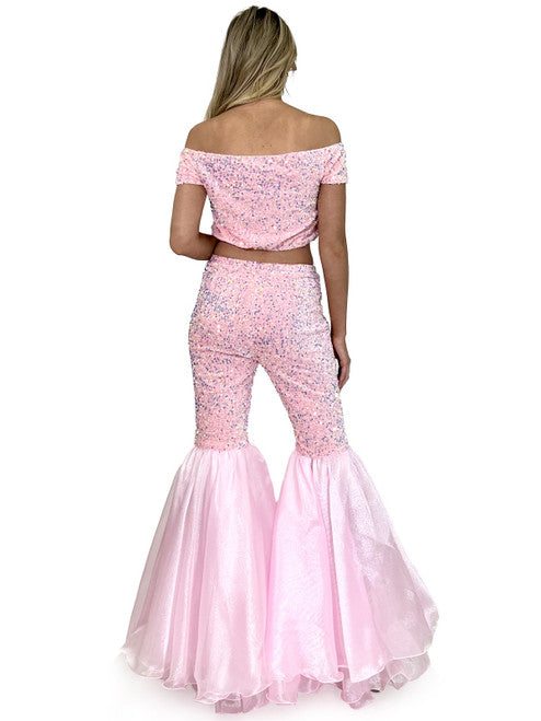 Marc Defang 8218 Size 4 Barbie Pink Velvet Sequin Two Piece Bell Bottom Jumpsuit Pageant Fun Fashion Formal