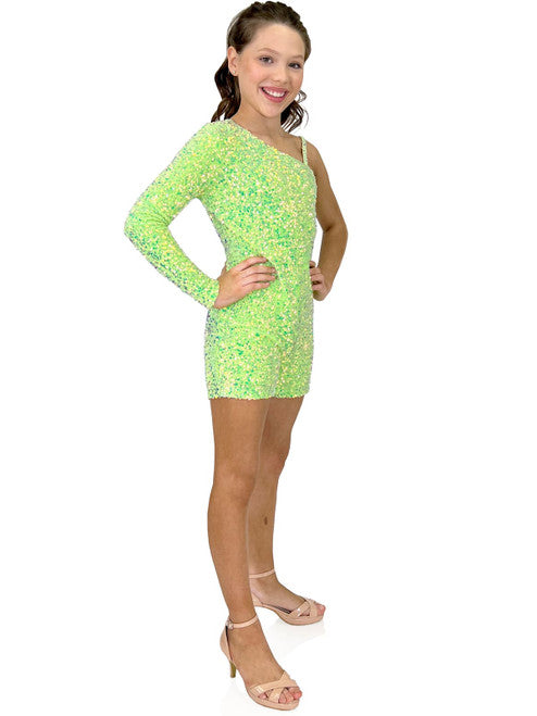 Marc Defang 8048K Neon Green Girls, Kids and Preteens Short Sequined Velvet Pageant Romper One Shoulder Long Sleeve Fun Fashion  Single shoulder sleeve Beaded Strap Fully beaded Romper Detachable Overskirt (optional) not included Center back invisible zipper Fully lined Size: 2  Color: Neon green  *Overskirt Not Included!