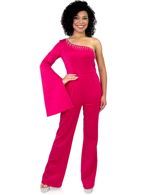 Enhance your evening look with Marc Defang's 8267 Pageant Jumpsuit. This elegant design features a one-shoulder neckline, One long bell sleeves, a crystal fringe detail and a fitted silhouette. Update your wardrobe with this fashionable and flattering piece.  Sizes: 00-16  Colors: Hot Pink, Royal Blue, Neon Green, Light Blue, Black  Contact us for custom colors - Allow 30 days Production