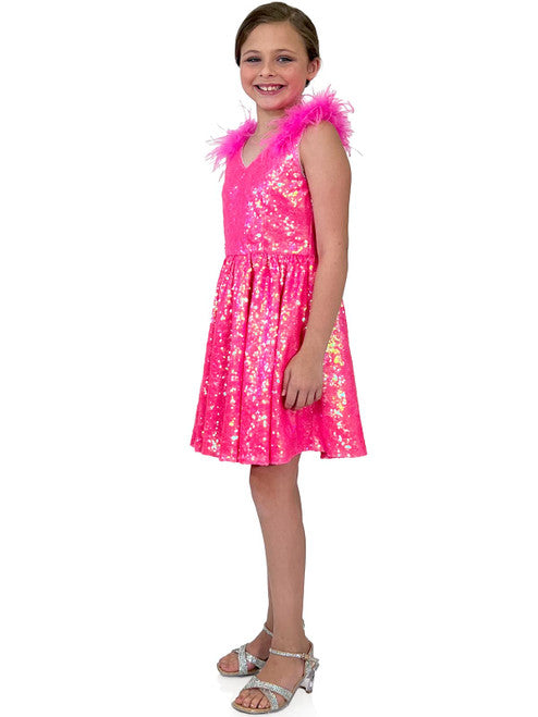 This Marc Defang formal dress is for the modern girl. Crafted from high-quality fabric, the dress features an eye-catching sequin feather V-neckline, and an A-line silhouette. Perfect for pageants, this dress is sure to make a statement.  Sizes: 4,5,6,7,8,9,10,11,12,13,14  Colors: Barbie Pink - Inquire to swatches for additional colors. 30 days