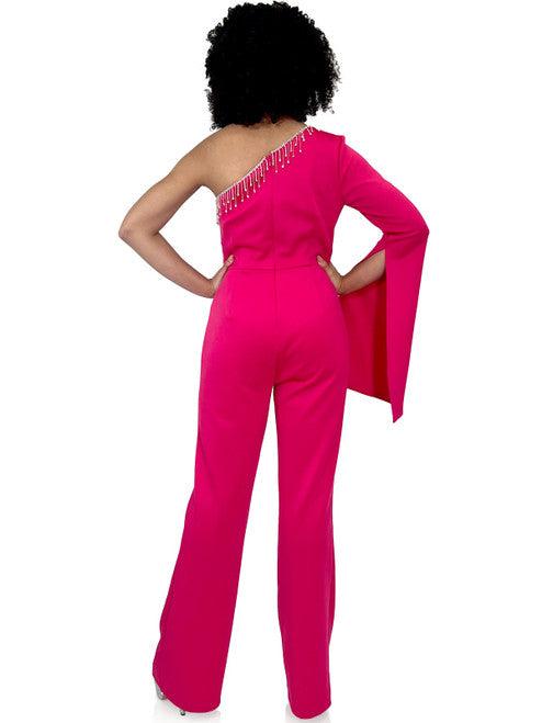 Enhance your evening look with Marc Defang's 8267 Pageant Jumpsuit. This elegant design features a one-shoulder neckline, One long bell sleeves, a crystal fringe detail and a fitted silhouette. Update your wardrobe with this fashionable and flattering piece.  Sizes: 00-16  Colors: Hot Pink, Royal Blue, Neon Green, Light Blue, Black  Contact us for custom colors - Allow 30 days Production