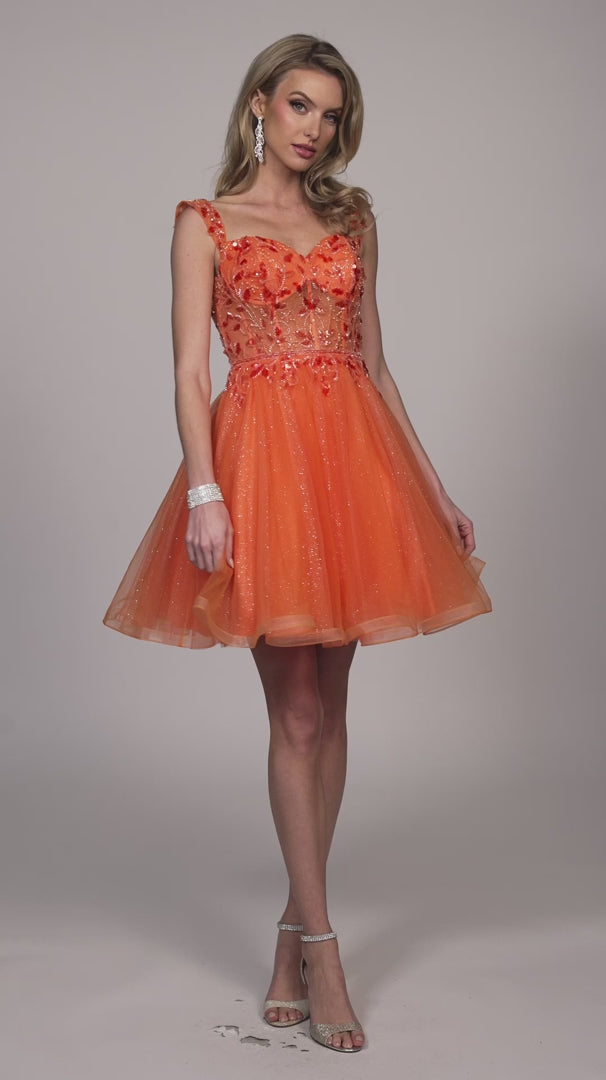 This Dave &amp; Johnny 12038 Beaded Shimmer Homecoming Dress is crafted with tulle in an elegant A-line silhouette and features off-the-shoulder detailing. The intricate beading adds a touch of shimmer, making it perfect for any special occasion. Expertly designed to flatter your figure, this dress is both stylish and comfortable.