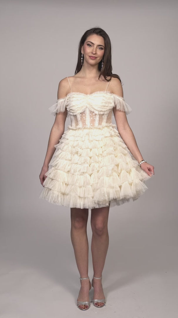 Discover the perfect combination of elegance and fun with the Dave &amp; Johnny 11754 Homecoming Dress. This stunning design features a sheer corset off the shoulder top, adorned with shimmery sequin layer tulle. With its playful cupcake skirt, this dress is guaranteed to make you stand out at any event.