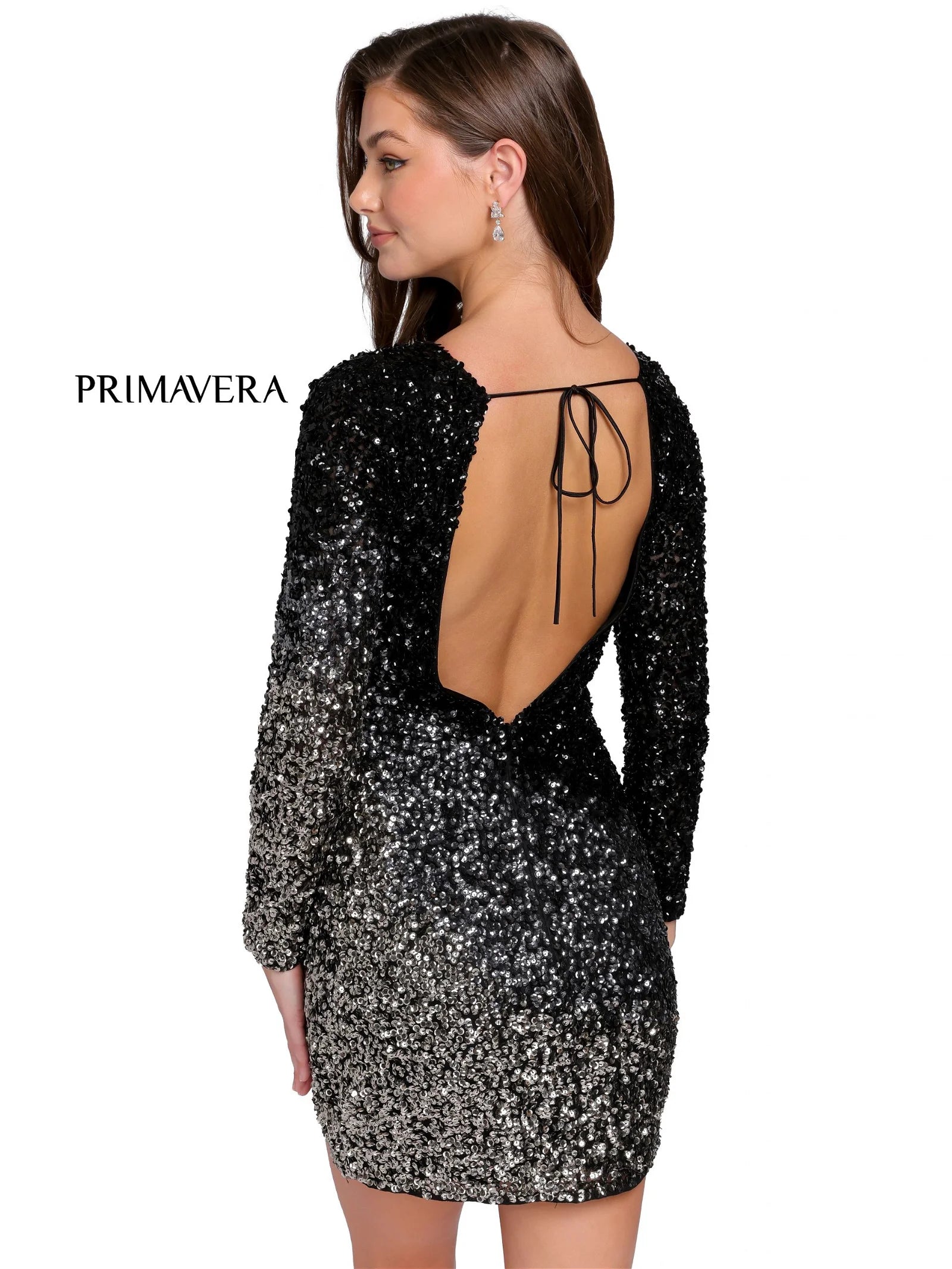 Primavera Couture 3819 Short 2023 Homecoming Dress Fitted Long sleeve backless Sequin Cocktail Dress. Ombre color shift with a slit in skirt.  Available Color- Black, Light Blue, Pink, Lavender, Mint, Nude/Multi  Available Size-00-18