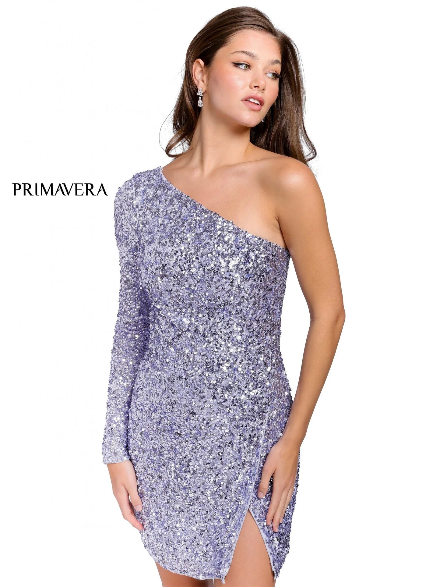 Primavera Couture 3860 Short 2023 Homecoming dress Fitted sequin beaded short cocktail dress One Shoulder Long Sleeve Maxi slit Homecoming  Available Color- Baby Pink, Gold, Lilac, Light Blue, Neon Pink, Red, Royal Blue, Apple Green, Mint, Peacock  Available Size-00-18