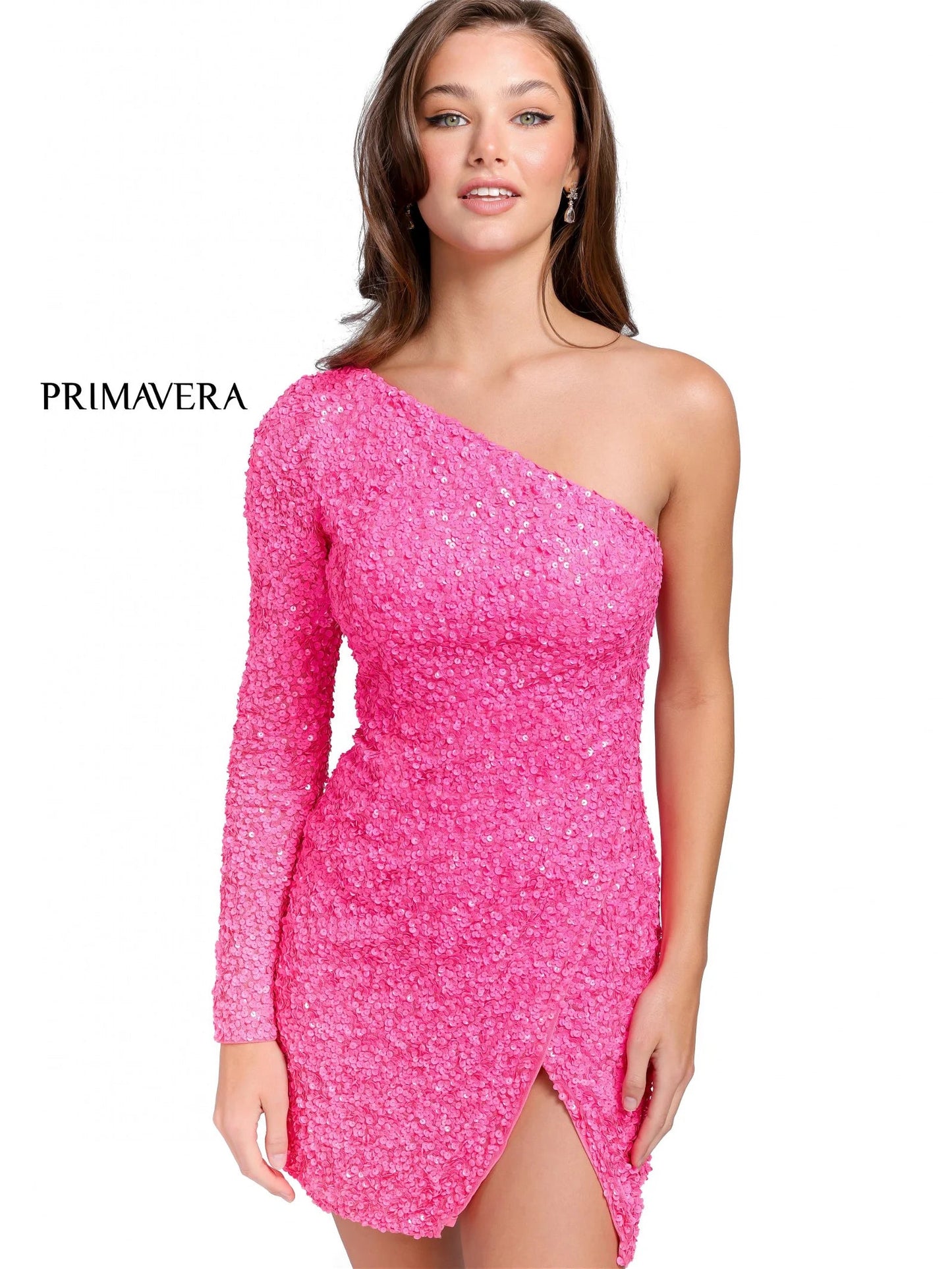 Primavera Couture 3860 Short 2023 Homecoming dress Fitted sequin beaded short cocktail dress One Shoulder Long Sleeve Maxi slit Homecoming  Available Color- Baby Pink, Gold, Lilac, Light Blue, Neon Pink, Red, Royal Blue, Apple Green, Mint, Peacock  Available Size-00-18