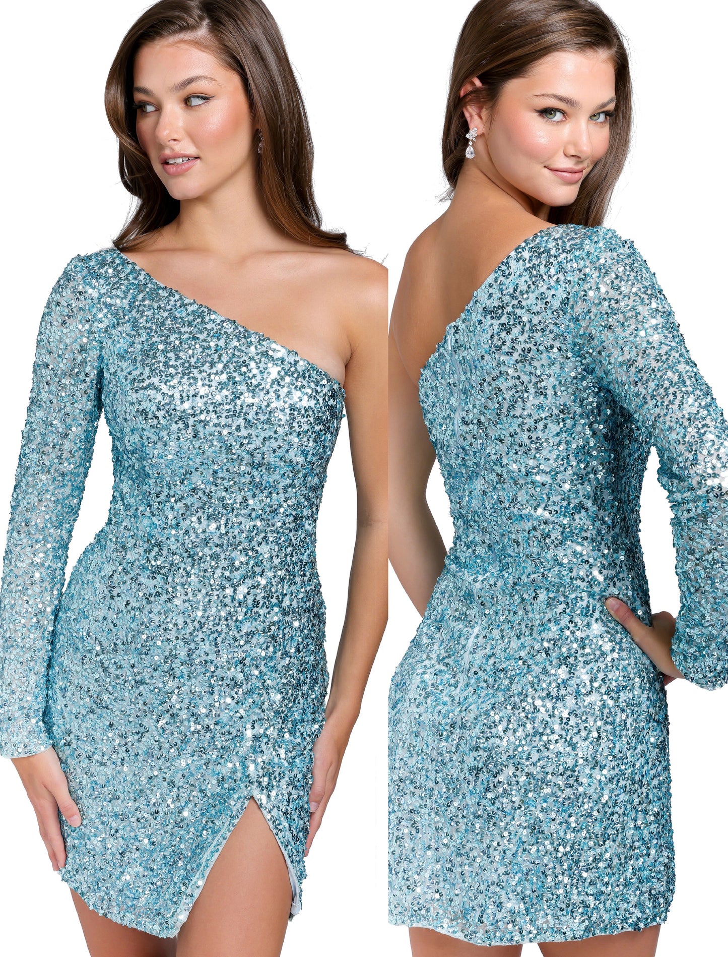 Primavera Couture 3860 Short 2023 Homecoming dress Fitted sequin beaded short cocktail dress One Shoulder Long Sleeve Maxi slit Homecoming  Available Color- Baby Pink, Gold, Lilac, Light Blue, Neon Pink, Red, Royal Blue, Apple Green, Mint, Peacock  Available Size-00-18