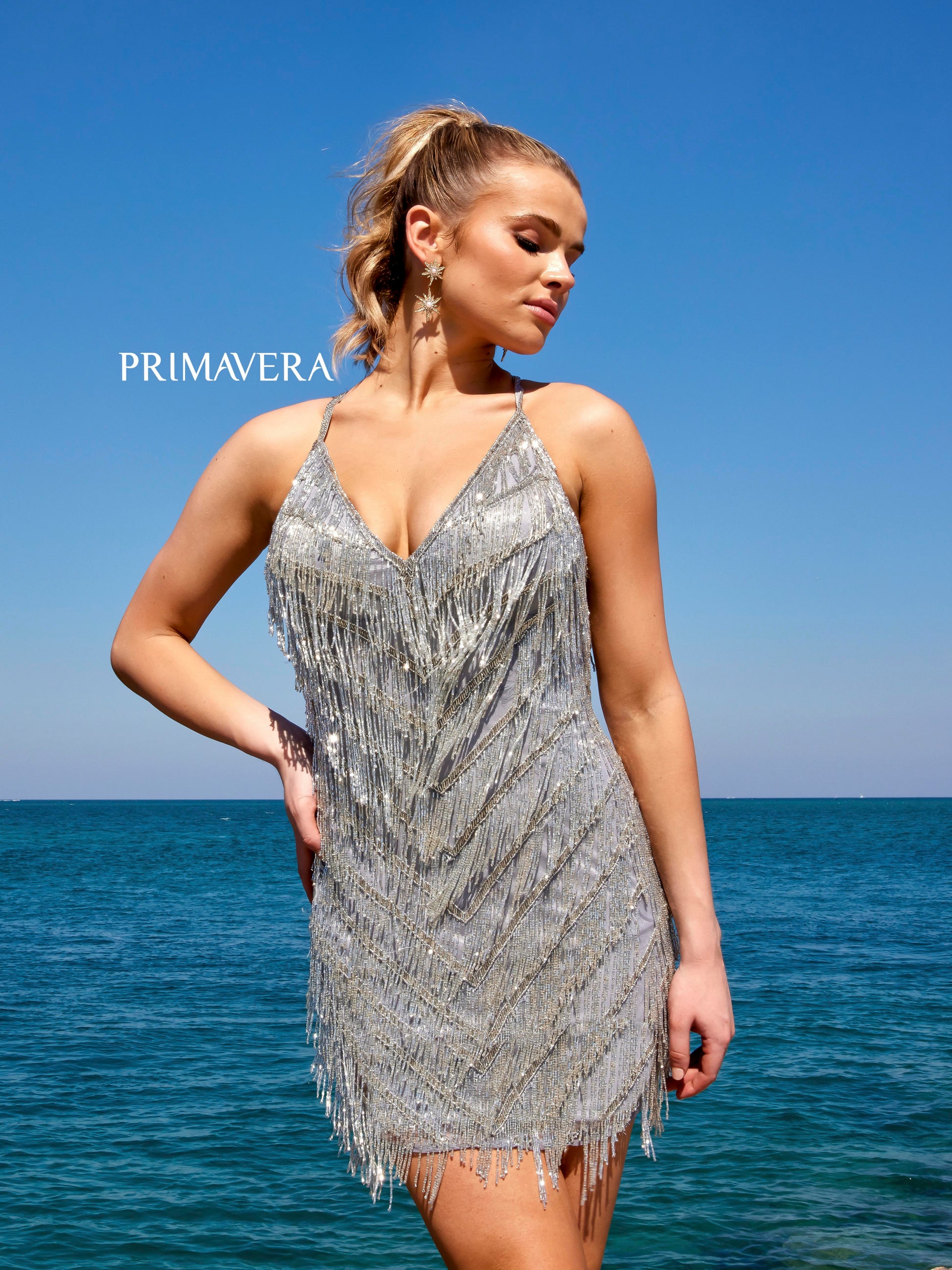 Primavera Couture 4019 Fringe Cocktail Dress V-Neck Cross