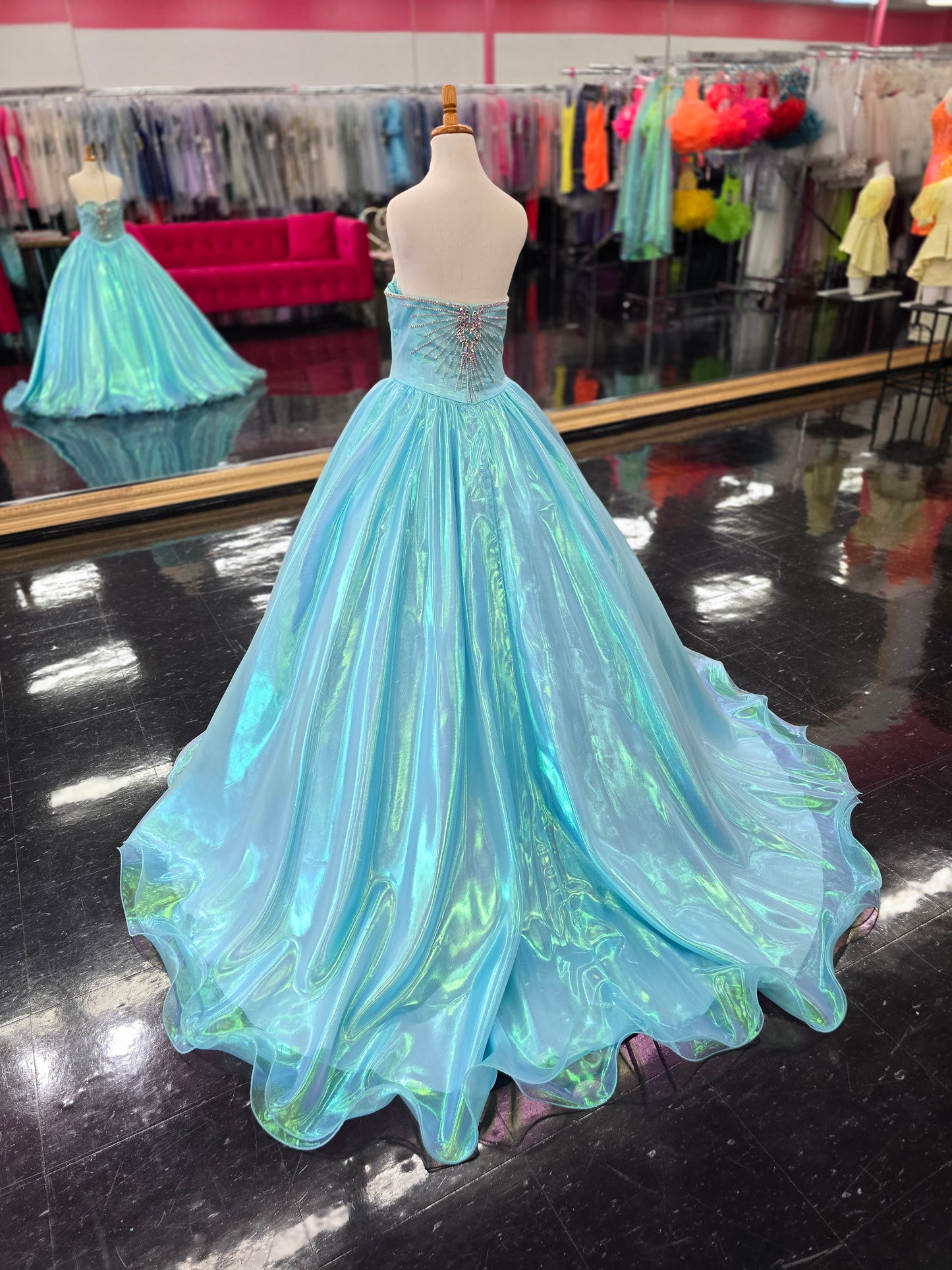 Sugar Kayne C334 Size 6 Blue Girls Pageant Dress Iridescent Organza Sweetheart Neckline Long Ball Gown Skirt