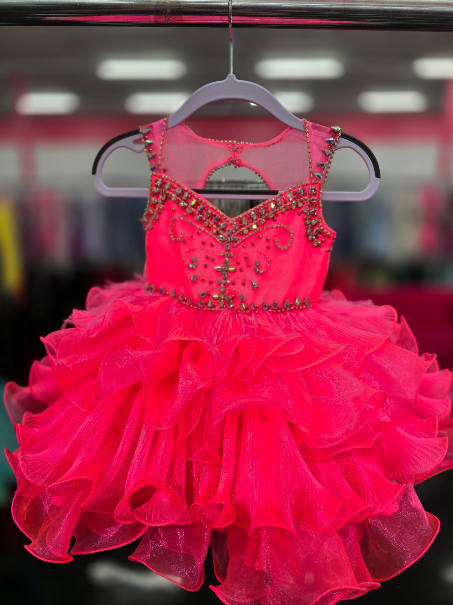 Sugar Kayne C202 Size 2T Neon Pink Girls Pleated Feather Cupcake Pageant Dress Toddle Baby Gown