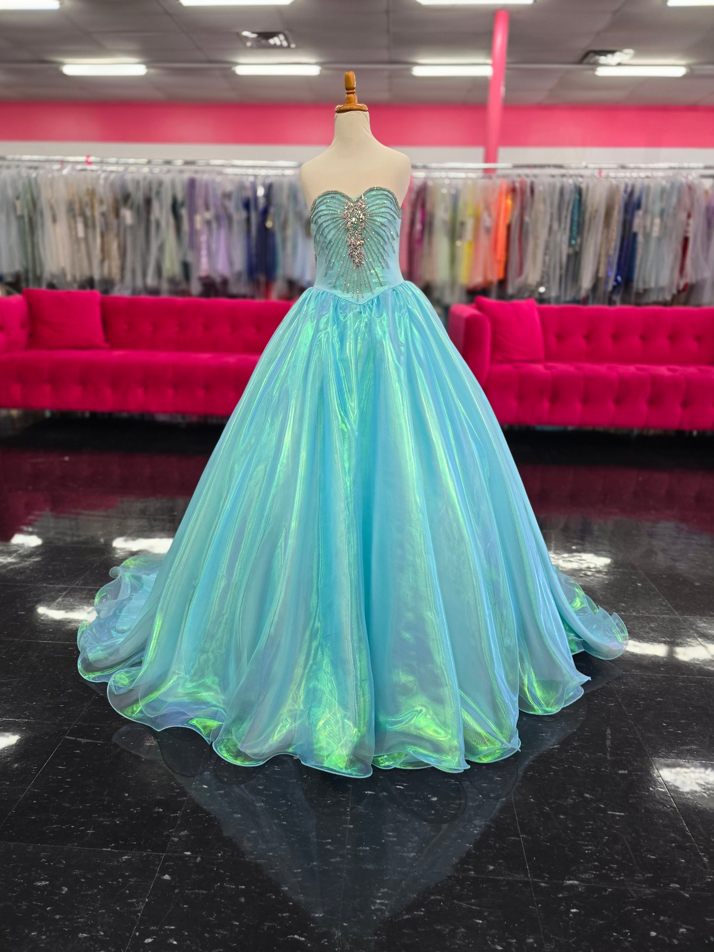 Sugar Kayne C334 Size 6 Blue Girls Pageant Dress Iridescent Organza Sweetheart Neckline Long Ball Gown Skirt