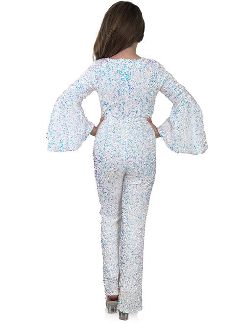 Inject a bit of sparkle and glamour into special occasions with Marc Defang's 8225K Girls Velvet Sequin Pageant Jumpsuit. This jumpsuit features a high neck with long bell sleeves and is finished with a beautiful sequin design for an eye-catching effect. Perfect for pageants and special occasions.  Sizes:  4,5,6,7,8,9,10,11,12,13,14  Colors: Yellow, White AB, Royal, Hot Pink, Purple, Light Blue, Light Pink, Neon Green, Lilac