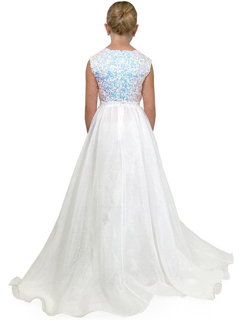 Marc Defang 5009 Long A Line Sequin Girls Ball Gown Pageant Dress Chiffon Kids  A classic classy perfect evening gown! Scallop shape necklines  Fully beaded top Hand crafted AB Crystals on the waistband  Organza skirt Center back invisible zippers  Fully lined  Available Sizes: 4, 5, 6, 7, 8, 9, 10, 11, 12, 13, 14  Available Colors: Royal Blue, Mint, White, Red, Hot Pink, Call for Custom Colors  IF NOT IN STOCK PLEASE ALLOW 30 DAYS FOR DELIVERY!