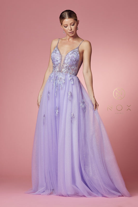 Nox Anabel T1012 Lilac Prom Dress.  DEEP V NECKLINE WITH MESH AND SIDE OPENED WITH MESH, BEAUTIFUL SHOULDER LINE CONNECTED TO THE BODICE, FLOWERS EMBELLISHMENT COVERED BOTH FRONT AND BACK.