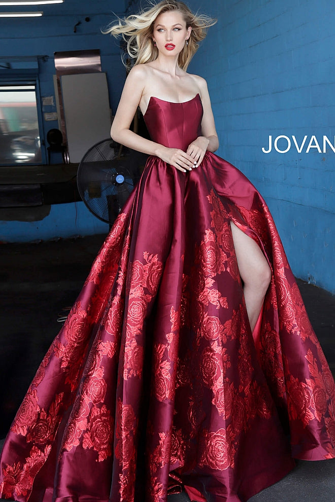 Jovani 02038 Floral Print Ballgown with Slit Evening Dress Prom Dress V Points Neckline  Floral print A-line prom gown, ruched at waist, high slit, floor length, sweeping train, strapless bodice, scoop neckline with V points.