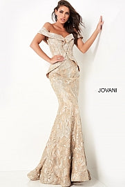 Jovani 02762 Gold Embellished Off the Shoulder Mother of the Bride Dress Peplum