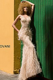 Jovani 03023 is a Long Feather Prom Dress, Pageant Gown, Wedding Dress & Formal Evening Wear Gown.  The Sheer embellished bodice features a plunging v neckline with beading & crystal accents cascading through a feather embellished skirt. Very stunning and unique wedding dress! 