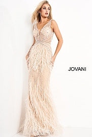 Jovani 03023 is a Long Feather Prom Dress, Pageant Gown, Wedding Dress & Formal Evening Wear Gown.  The Sheer embellished bodice features a plunging v neckline with beading & crystal accents cascading through a feather embellished skirt. Very stunning and unique wedding dress! 