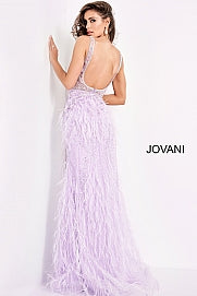 Jovani 03023 is a Long Feather Prom Dress, Pageant Gown, Wedding Dress & Formal Evening Wear Gown.  The Sheer embellished bodice features a plunging v neckline with beading & crystal accents cascading through a feather embellished skirt. Very stunning and unique wedding dress! 