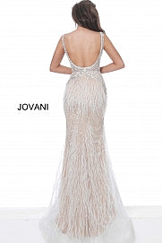 Jovani 03023 is a Long Feather Prom Dress, Pageant Gown, Wedding Dress & Formal Evening Wear Gown.  The Sheer embellished bodice features a plunging v neckline with beading & crystal accents cascading through a feather embellished skirt. Very stunning and unique wedding dress! 