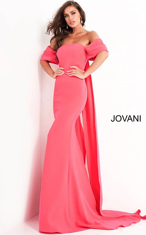 Jovani 04350 Off the shoulder crepe evening dress with cape train