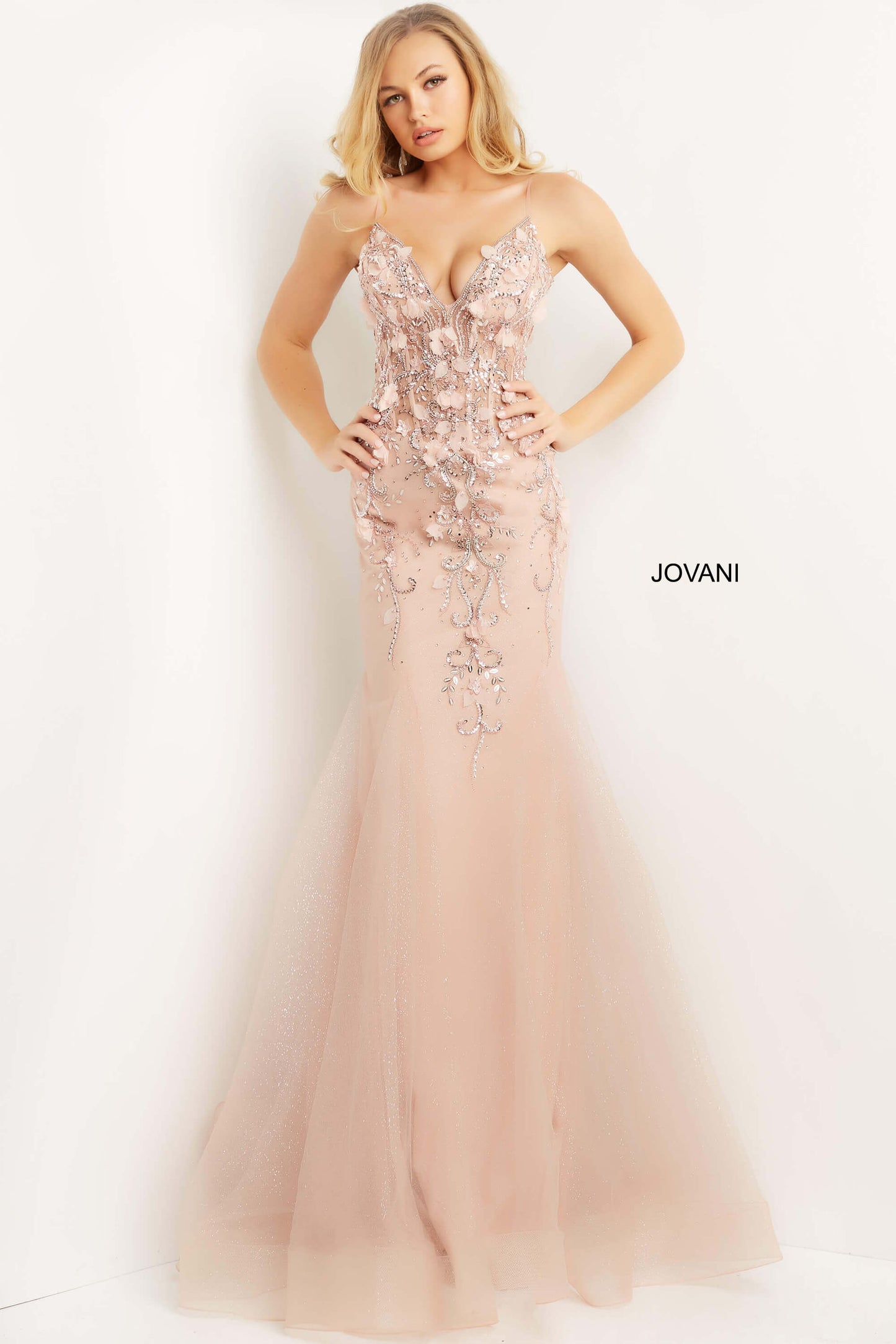 Jovani 05839 Long Mermaids Prom Pageant Gown Formal Dress Floral V Neck   Available Size-00-24  Available Color- Blush, Burgundy, Charcoal, Navy/Navy, Nude/Silver, Periwinkle, Red, White/Gold/Silver, White/Black/Silver, White