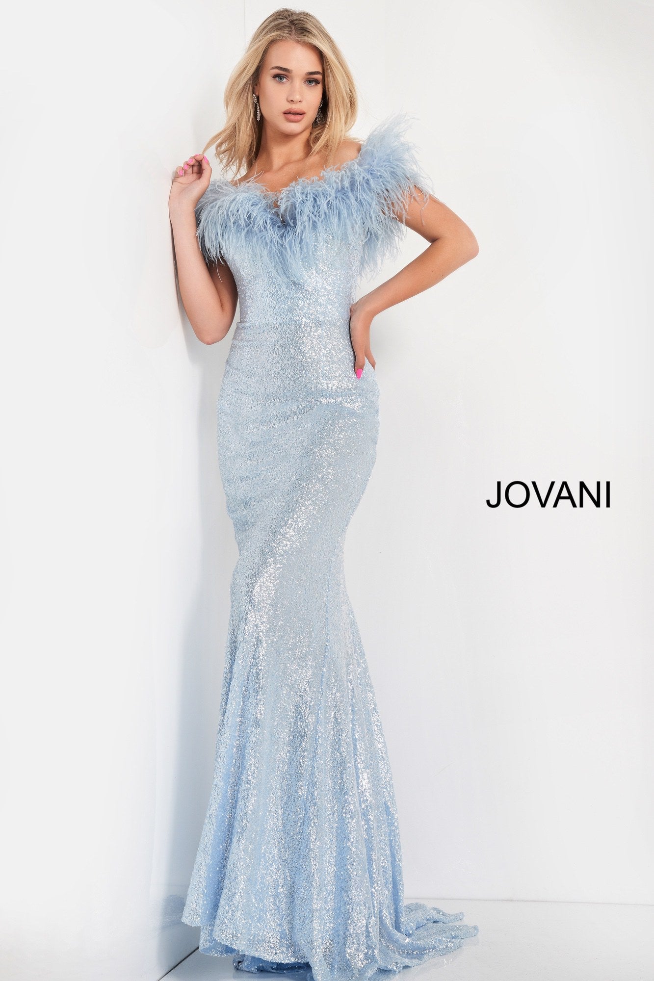 Jovani 06166 is a Long Fitted Sequin Formal Evening Gown. Featuring a Lush Feather Accented sweetheart neckline & off the shoulder straps. This Fit & Flare Pageant & Prom Dress has a stunning sequin sweeping train. Great for any Formal Event! Available Sizes: 00,0,2,4,6,8,10,12,14,16,18,20,22,24  Available Colors: blue, ice pink, ivory, red