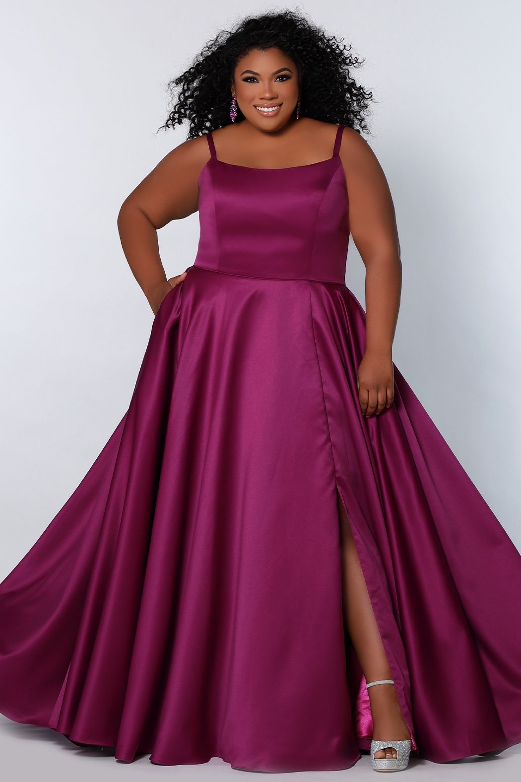 Sydneys Closet SC7335 Satin Prom Dress Scoop Neckline Plus Sized A Line