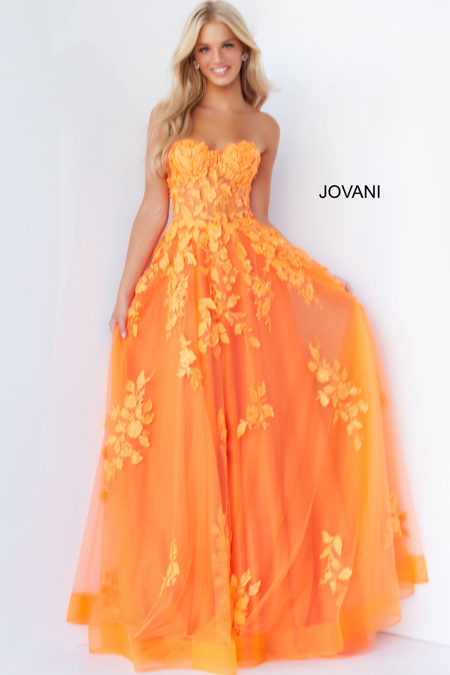 Jovani 07901 Long Ballgown Prom Pageant Gown Sheer Floral A Line Dress  Available Size- 00-24  Available Color- Red, Orange, Black, Off White