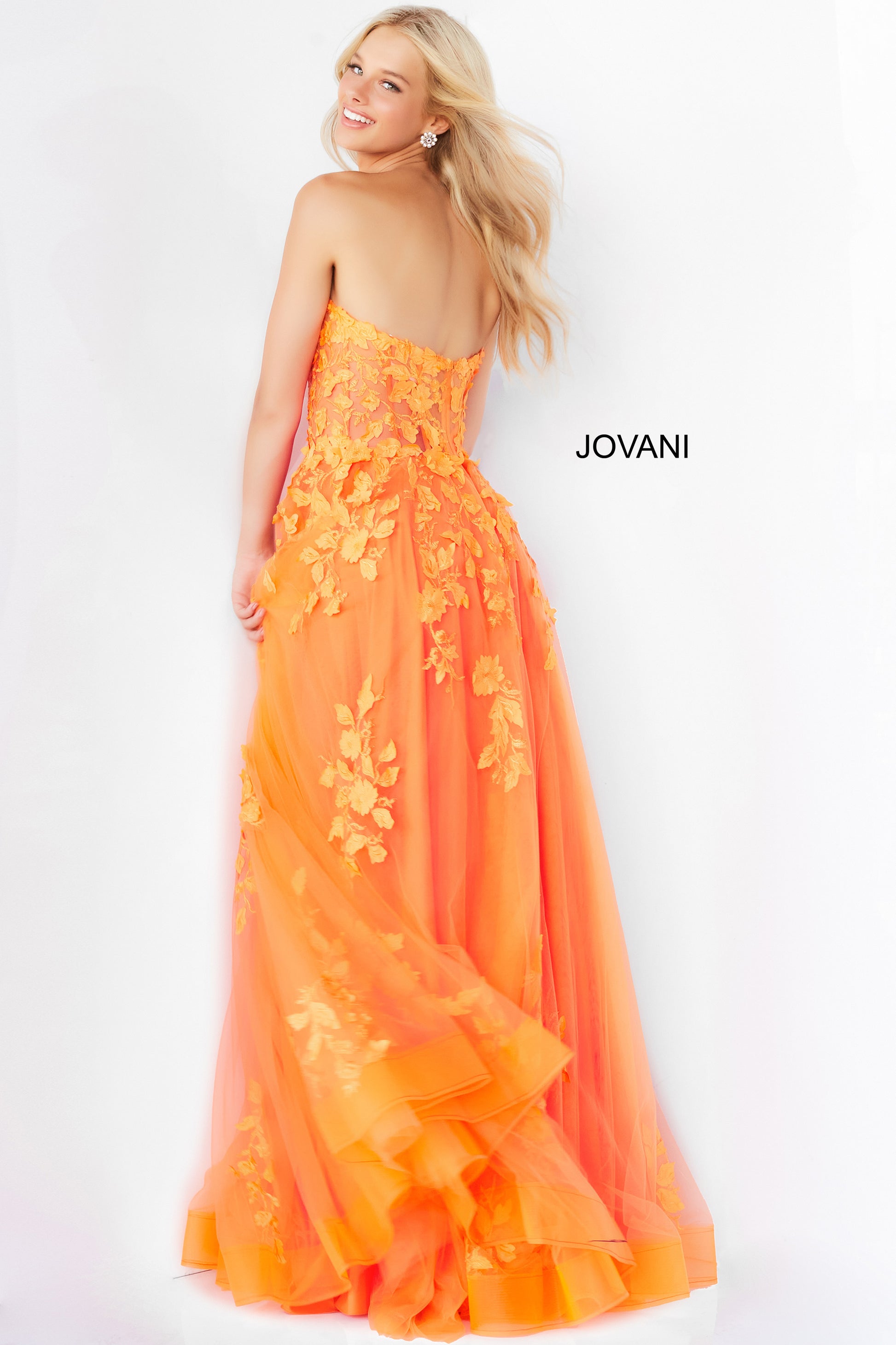 Jovani 07901 Long Ballgown Prom Pageant Gown Sheer Floral A Line Dress  Available Size- 00-24  Available Color- Red, Orange, Black, Off White