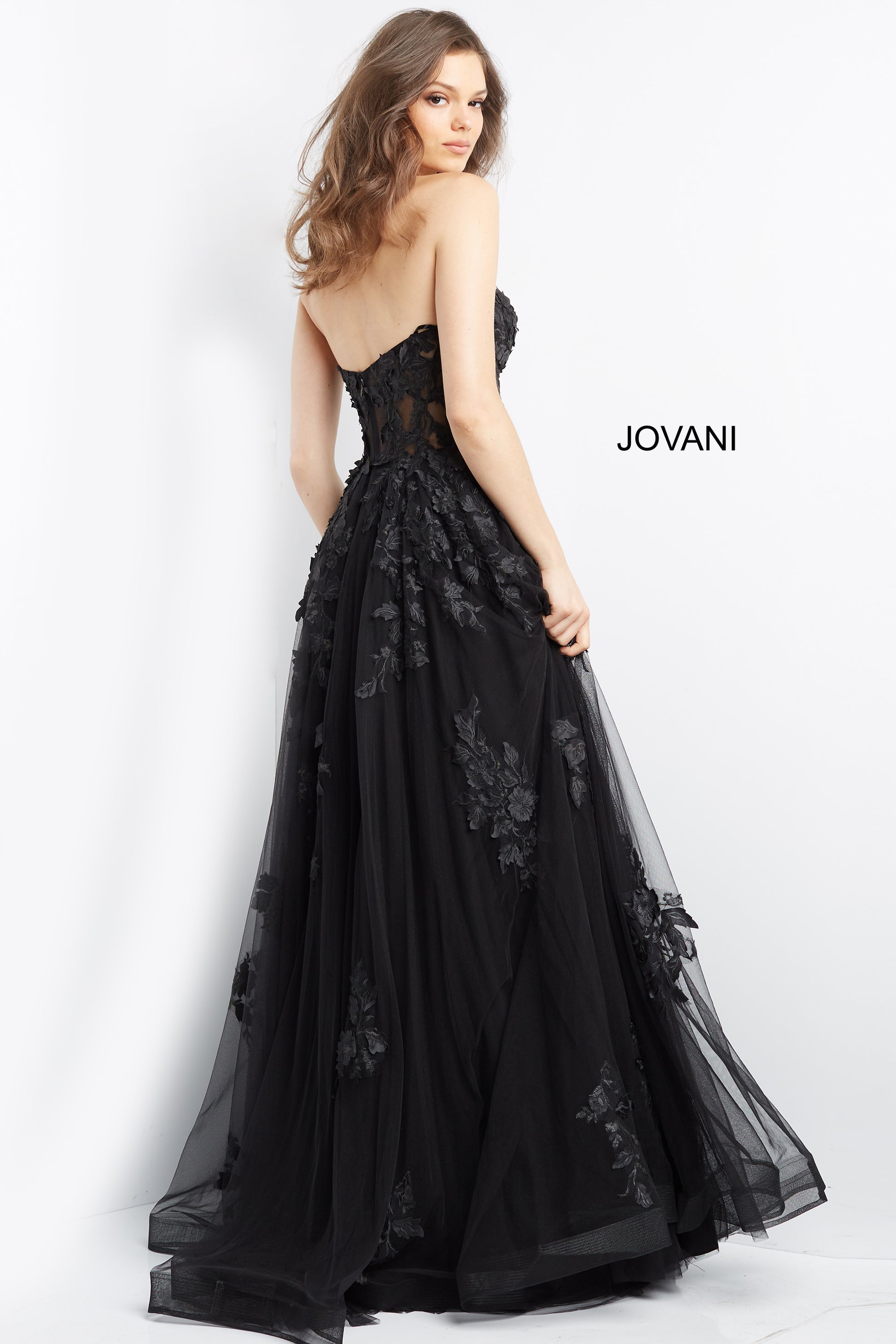 Jovani 07901 Long Ballgown Prom Pageant Gown Sheer Floral A Line Dress  Available Size- 00-24  Available Color- Red, Orange, Black, Off White