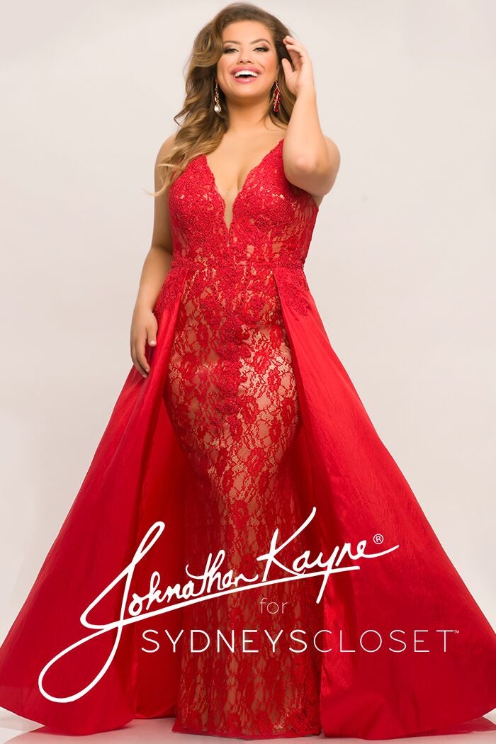 Johnathan Kayne for Sydneys Closet JK2016 Stingray halter neckline fitted lace plus size prom dress with flowy chiffon overskirt  Evening gown pageant gown