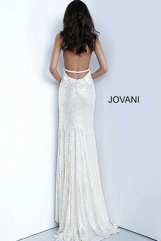 Jovani 1012 This is a Delicate all over sequin Embellished Prom Dress with Floral Appliques. Features a plunging neckline & Slit in the skirt. Small Train in Back.   Details: Sequin fabric, floral appliques, fitted silhouette, high slit skirt with sweeping train, sleeveless bodice, plunging neckline with sheer mesh insert, low back with strap across for support, spaghetti straps over shou