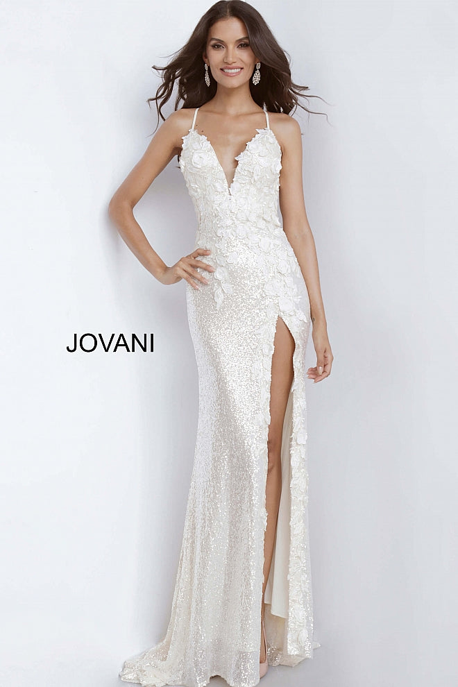 Jovani 1012 This is a Delicate all over sequin Embellished Prom Dress with Floral Appliques. Features a plunging neckline & Slit in the skirt. Small Train in Back.   Details: Sequin fabric, floral appliques, fitted silhouette, high slit skirt with sweeping train, sleeveless bodice, plunging neckline with sheer mesh insert, low back with strap across for support, spaghetti straps over shou