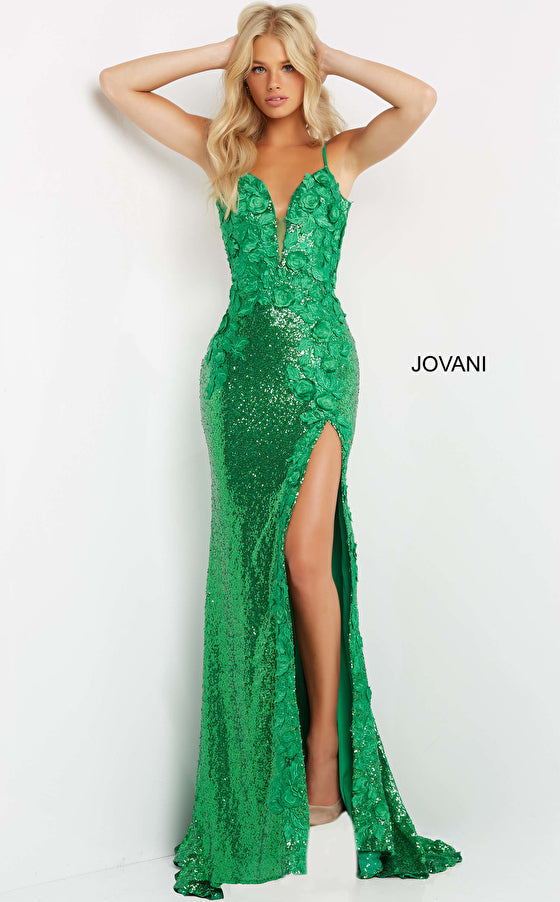 Jovani 1012 This is a Delicate all over sequin Embellished Prom Dress with Floral Appliques. Features a plunging neckline & Slit in the skirt. Small Train in Back.   Details: Sequin fabric, floral appliques, fitted silhouette, high slit skirt with sweeping train, sleeveless bodice, plunging neckline with sheer mesh insert, low back with strap across for support, spaghetti straps over shou